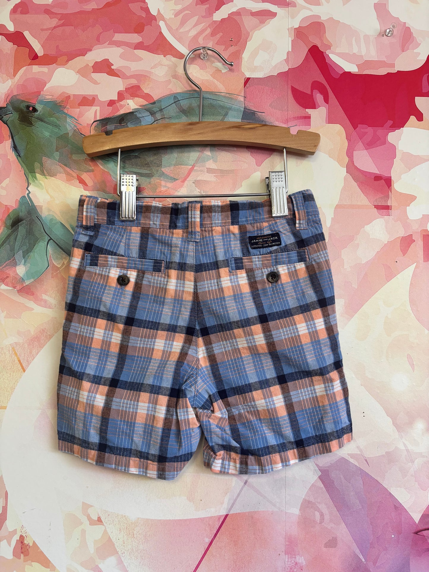 Janie & Jack peach, white, blue plaid shorts. Size 3T