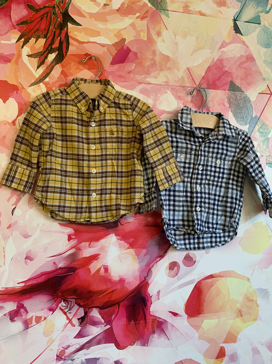 Baby Gap button down shirts. Blue/grey/white. Yellow, green, brown plaid. Both size 12-18m