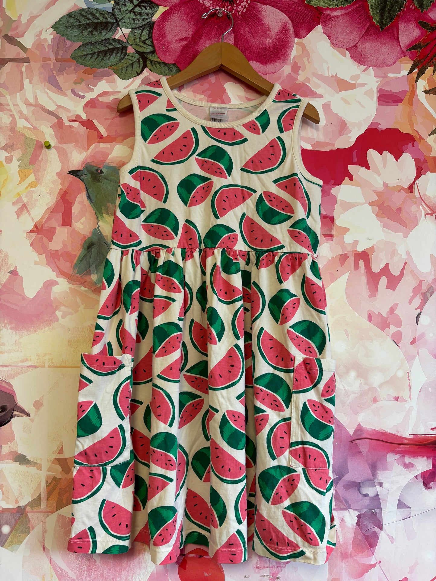 Hanna Andersson tank dress with pink & green watermelon slices and front pockets. Size 12