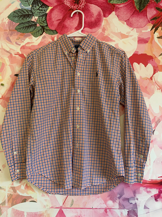 Ralph Lauren orange & blue checkered button down shirt. 100% cotton. Size 10/12.