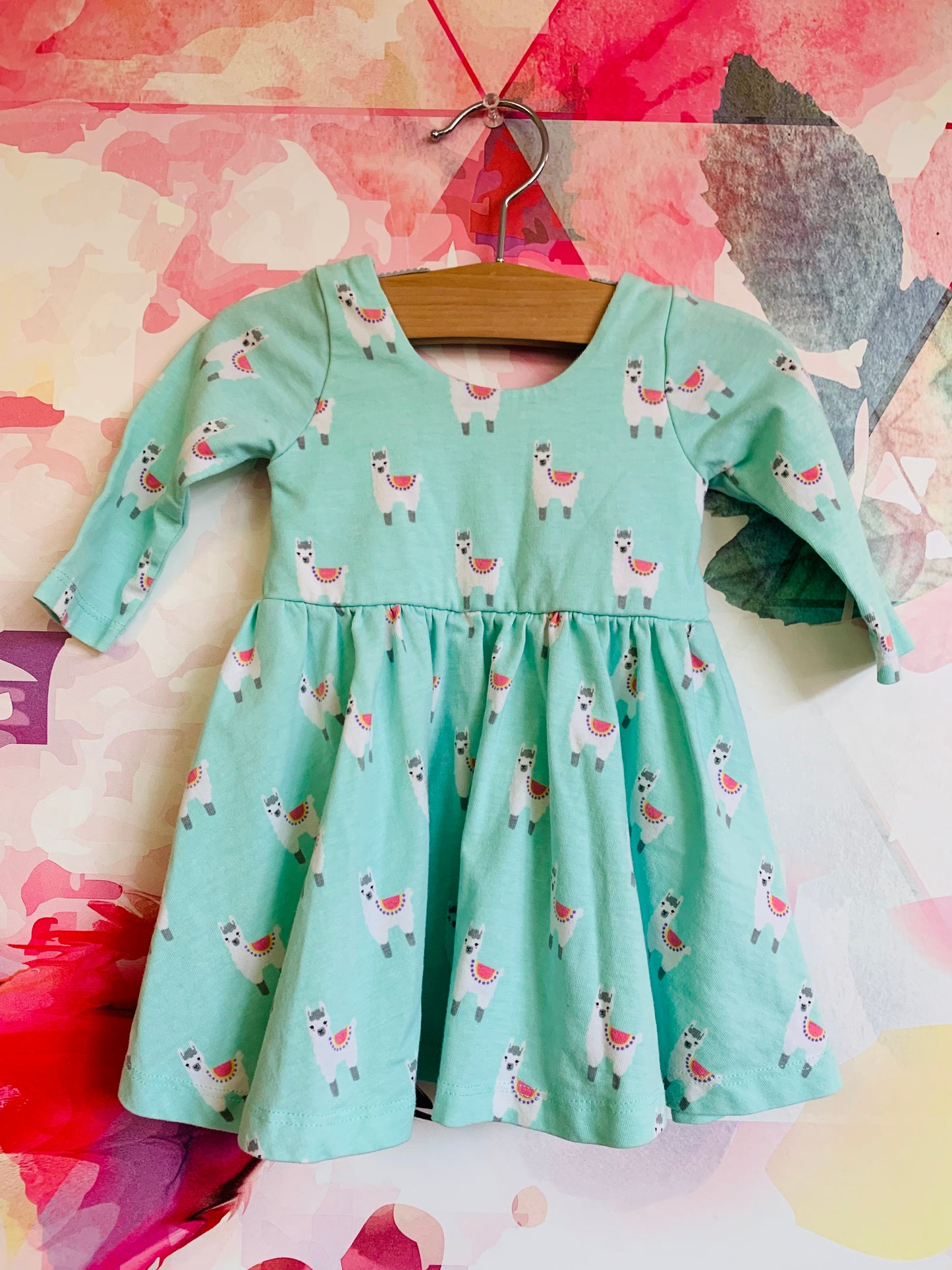 Monica & Andy teal long sleeve dress with llamas. Size 0-6m