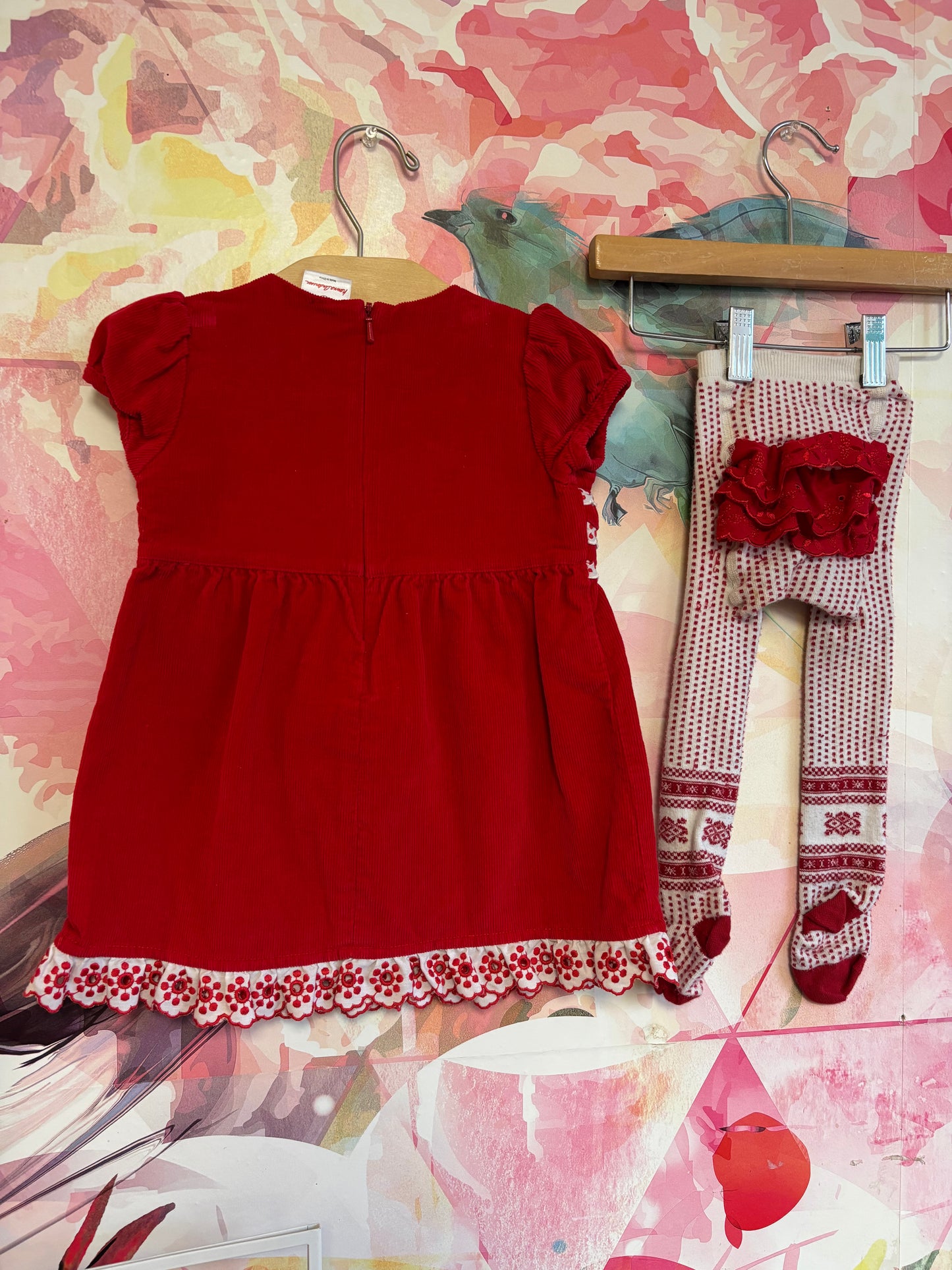 Hanna Andersson red corduroy short sleeve dress with white polka dot ruffles and red/white tights with ruffles. Size 2T.