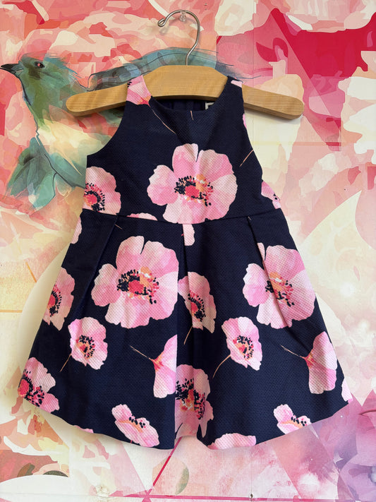 Janie & Jack navy blue sleeveless dress with pink flowers. Size 12-18m