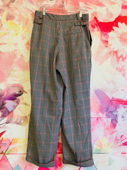 Topshop black, beige, red, blue houndstooth pants with belt loops, buckles, pockets & cuffed hem. Size 2.