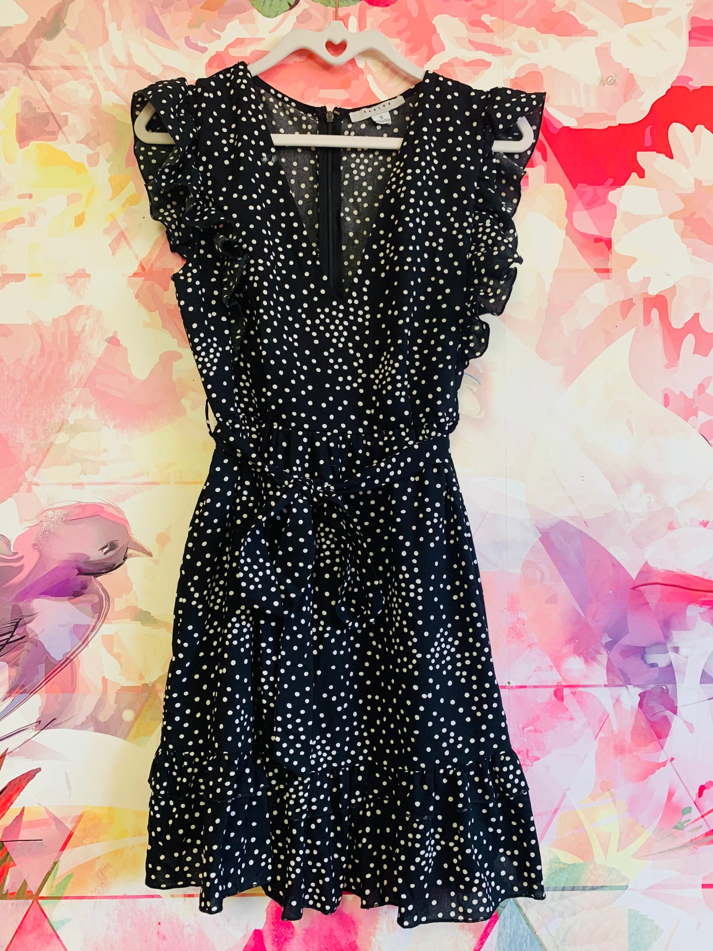 Favlux black & white polka dot flutter sleeve dress with waist tie, back zipper & flutter hem. Size Small.