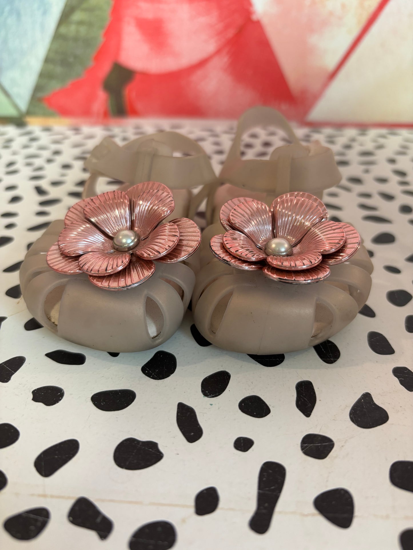 Zaxy Nina beige shoes with pink flowers & pearl. Velcro strap. Size 5