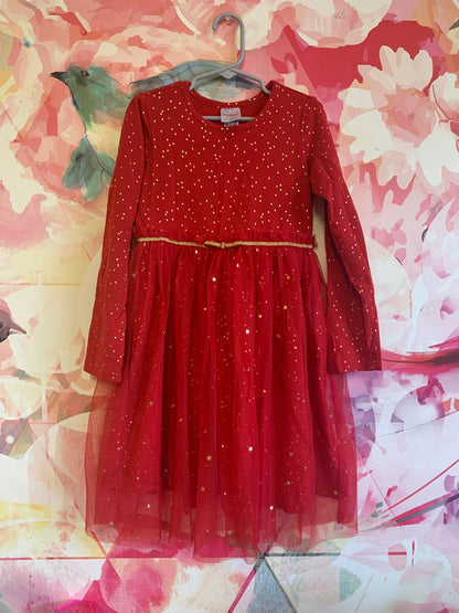 Hanna Andersson red long sleeve dress with tulle skirt & gold stars. Size 6/7