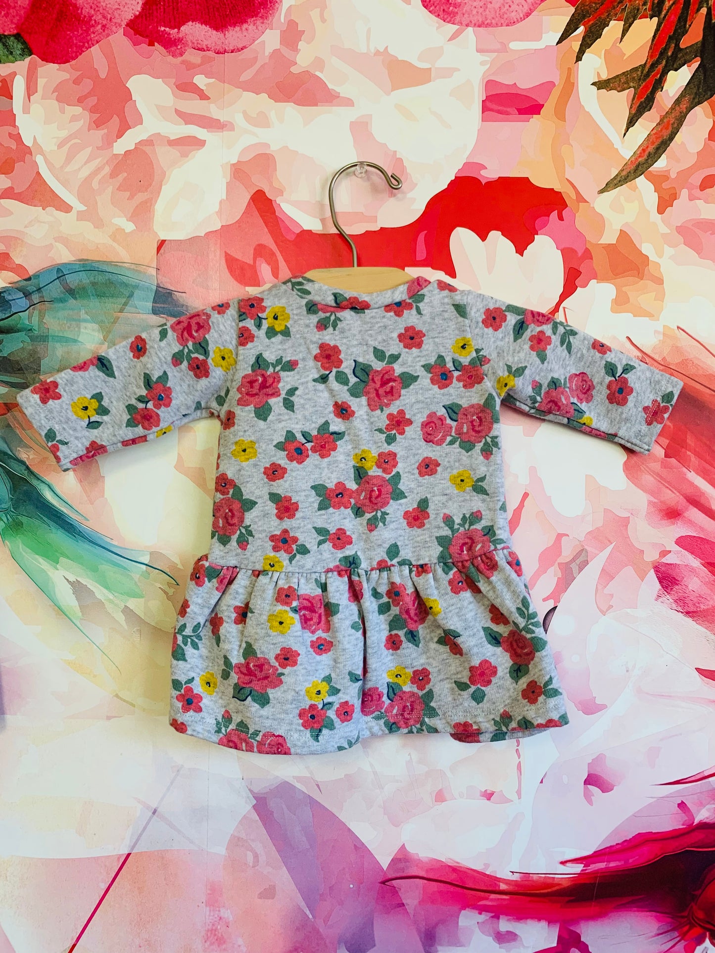 Benetton Baby grey long sleeve sweatshirt dress with pink & yellow flowers. Size 1-3m