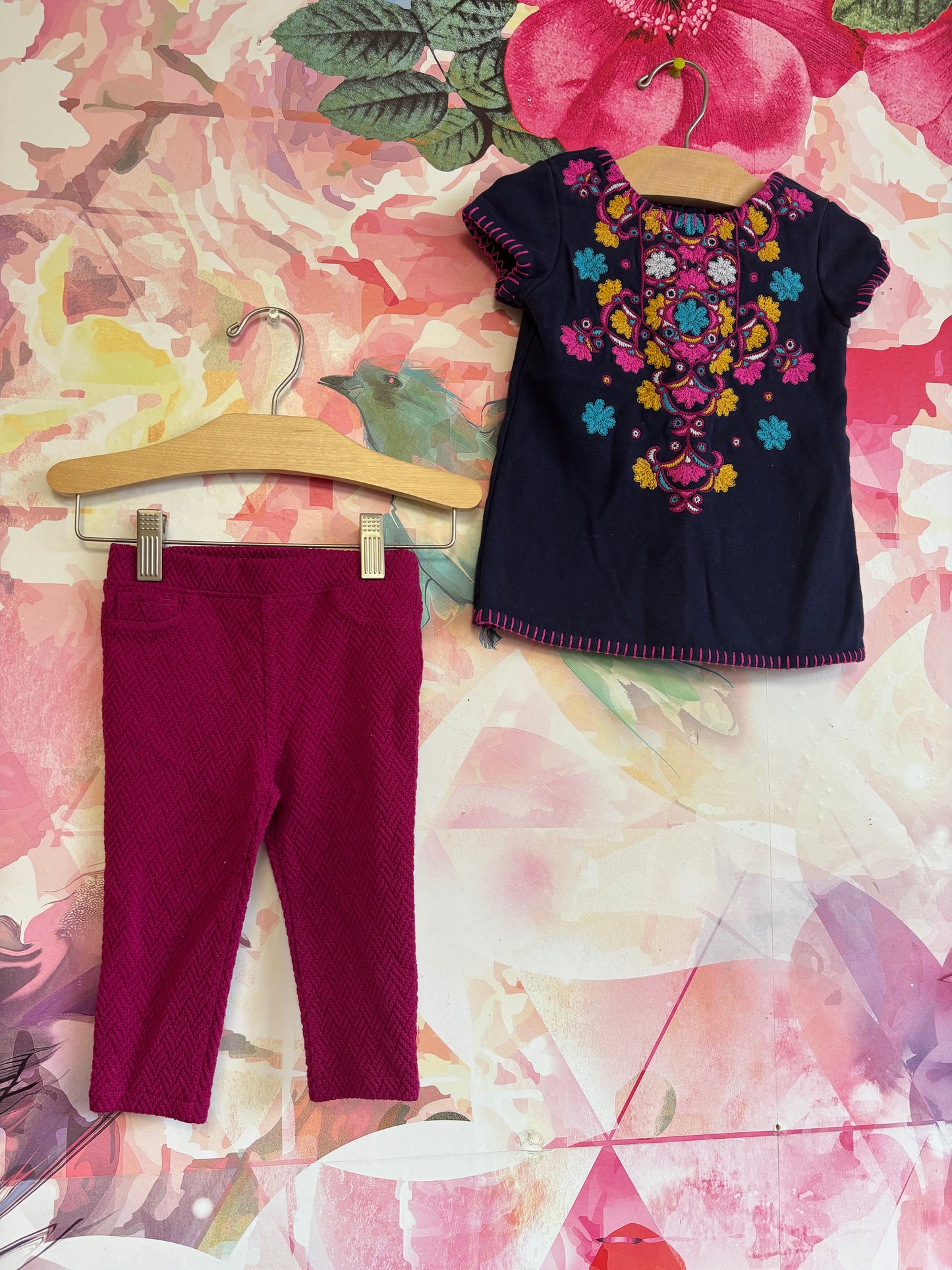 Genuine Kids from Oshkosh blue short sleeve dress with colorful embroidered flowers and bright pink pants. Size 18m