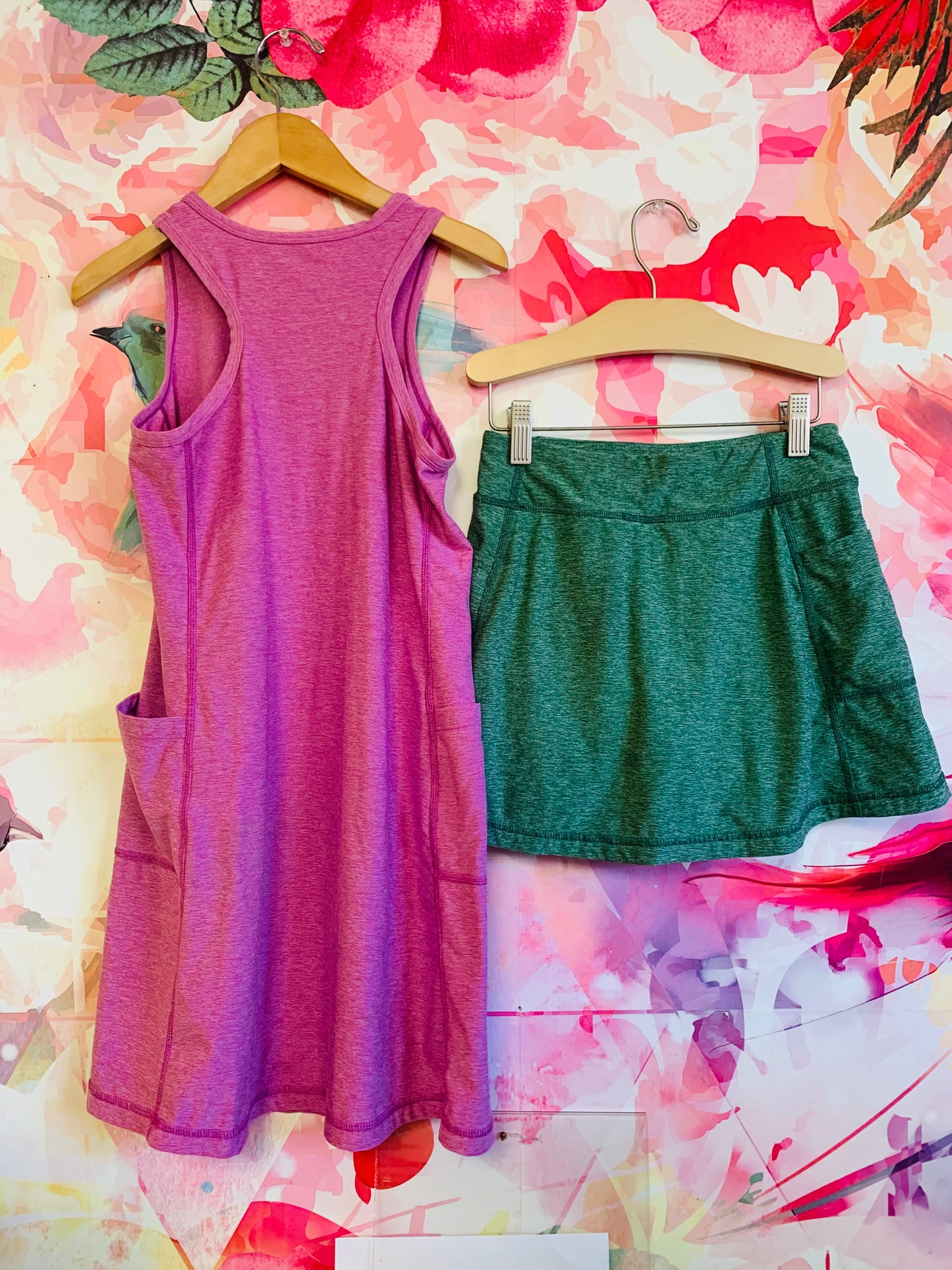 Primary fuschia flexknit active pocket dress with pockets. Super soft & stretchy. Forest green skort. Size 10.