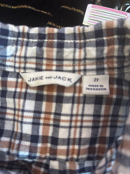 Janie & Jack blue, brown, cream plaid button down long sleeve shirt. Side 2T.