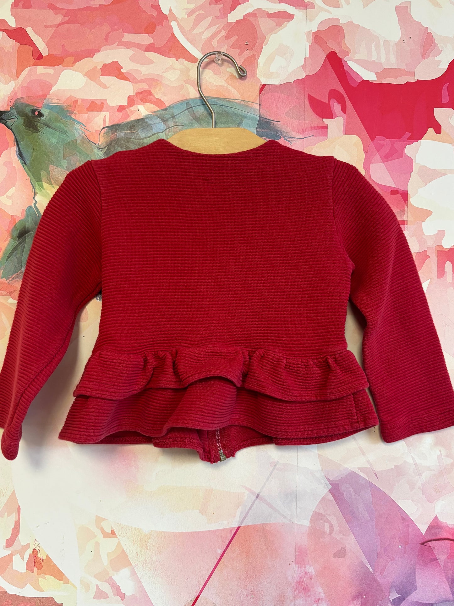 Mayoral red ribbed top with gold zipper and ruffle hem. Size 3T.