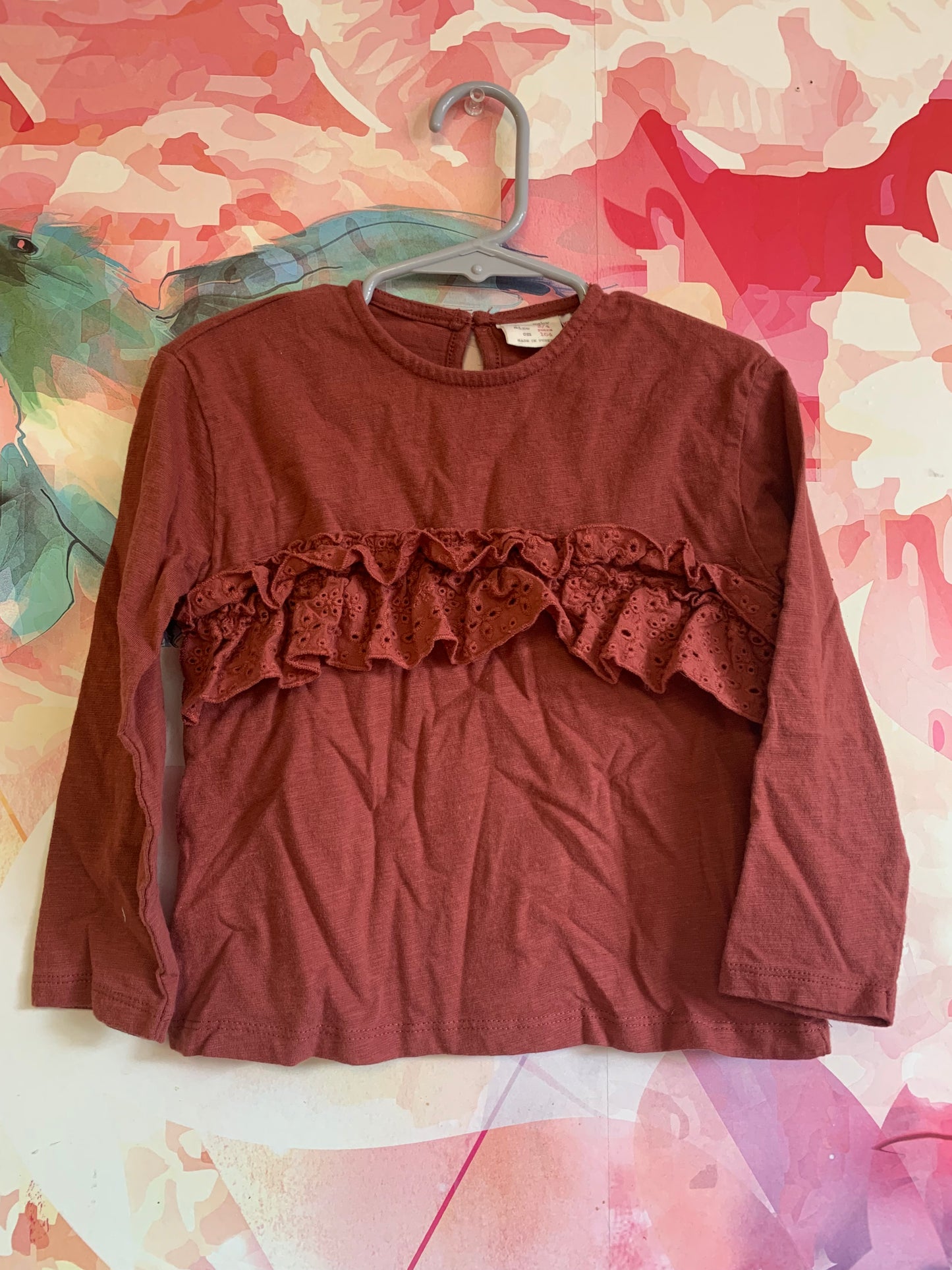 Zara burgundy long sleeve with eyelet ruffles. Size 3/4