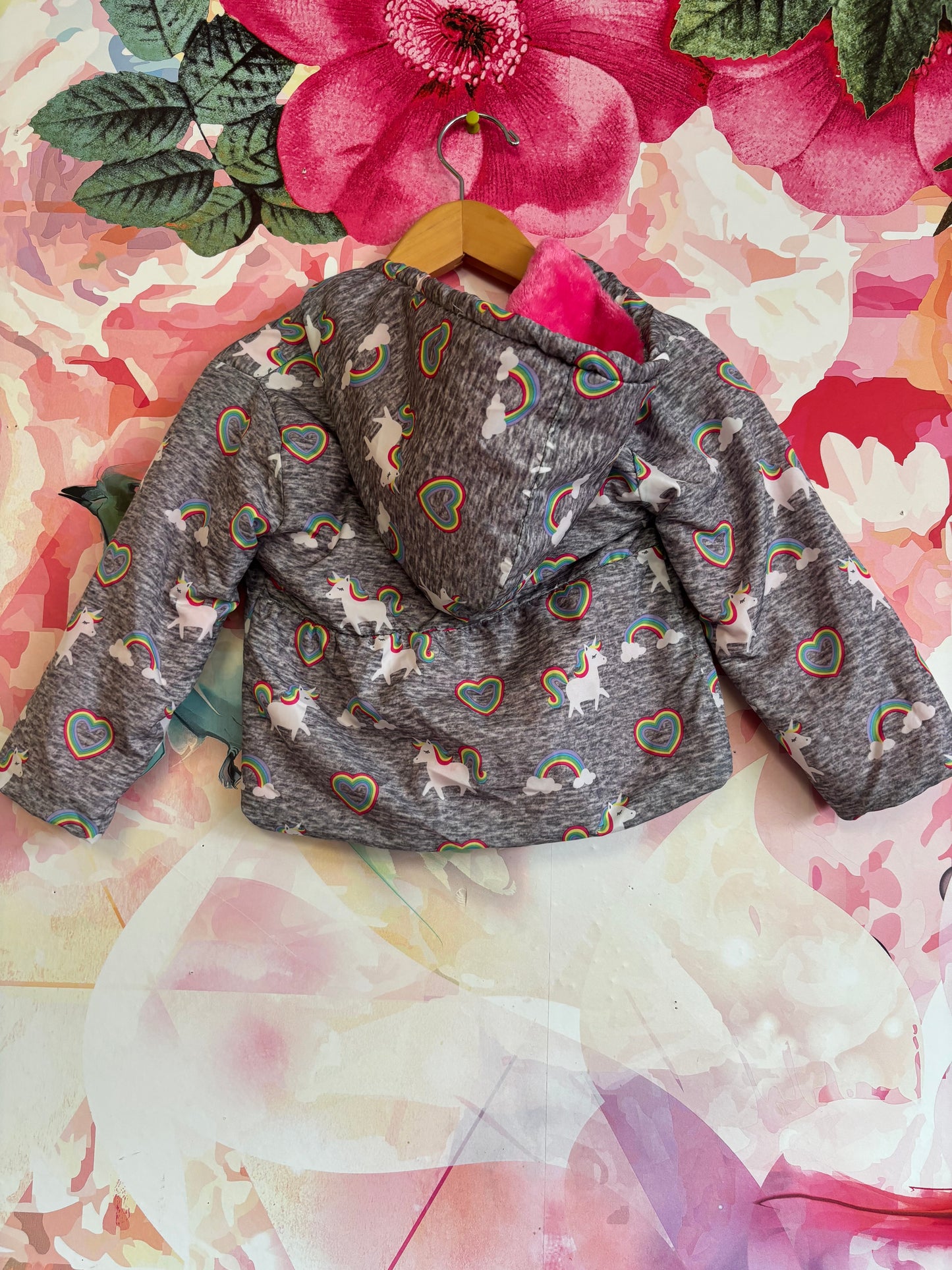 Penelope Mack grey puffy coat with unicorns & rainbows. Pink fleece lining &  hood. Size 2T