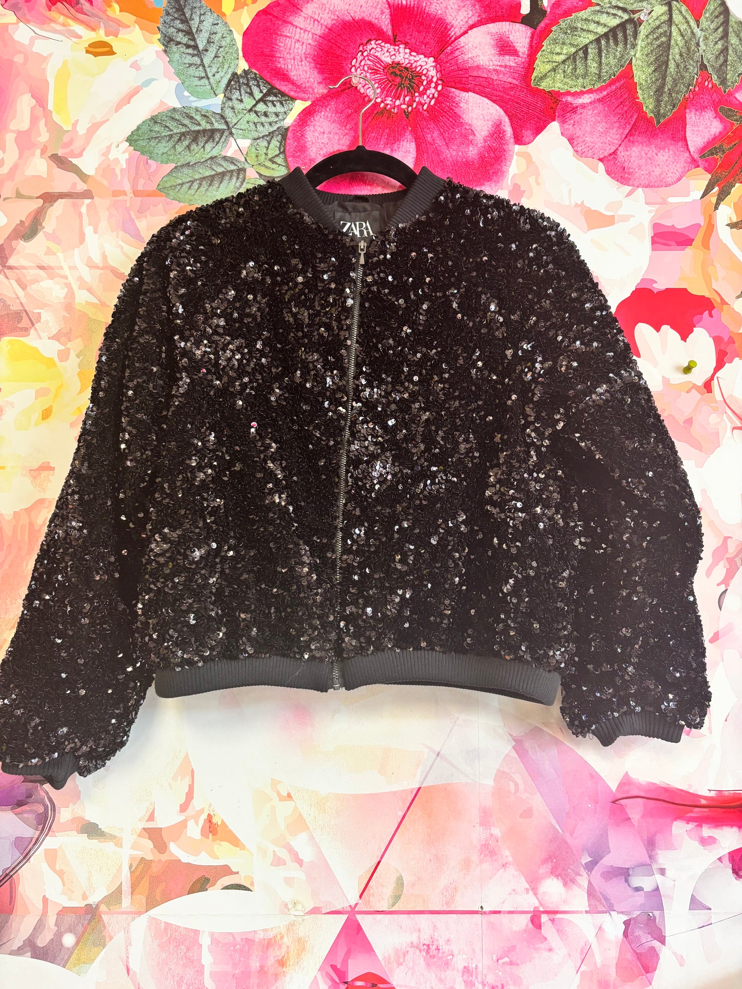 Zara black sequin bomber jacket. Size 14
