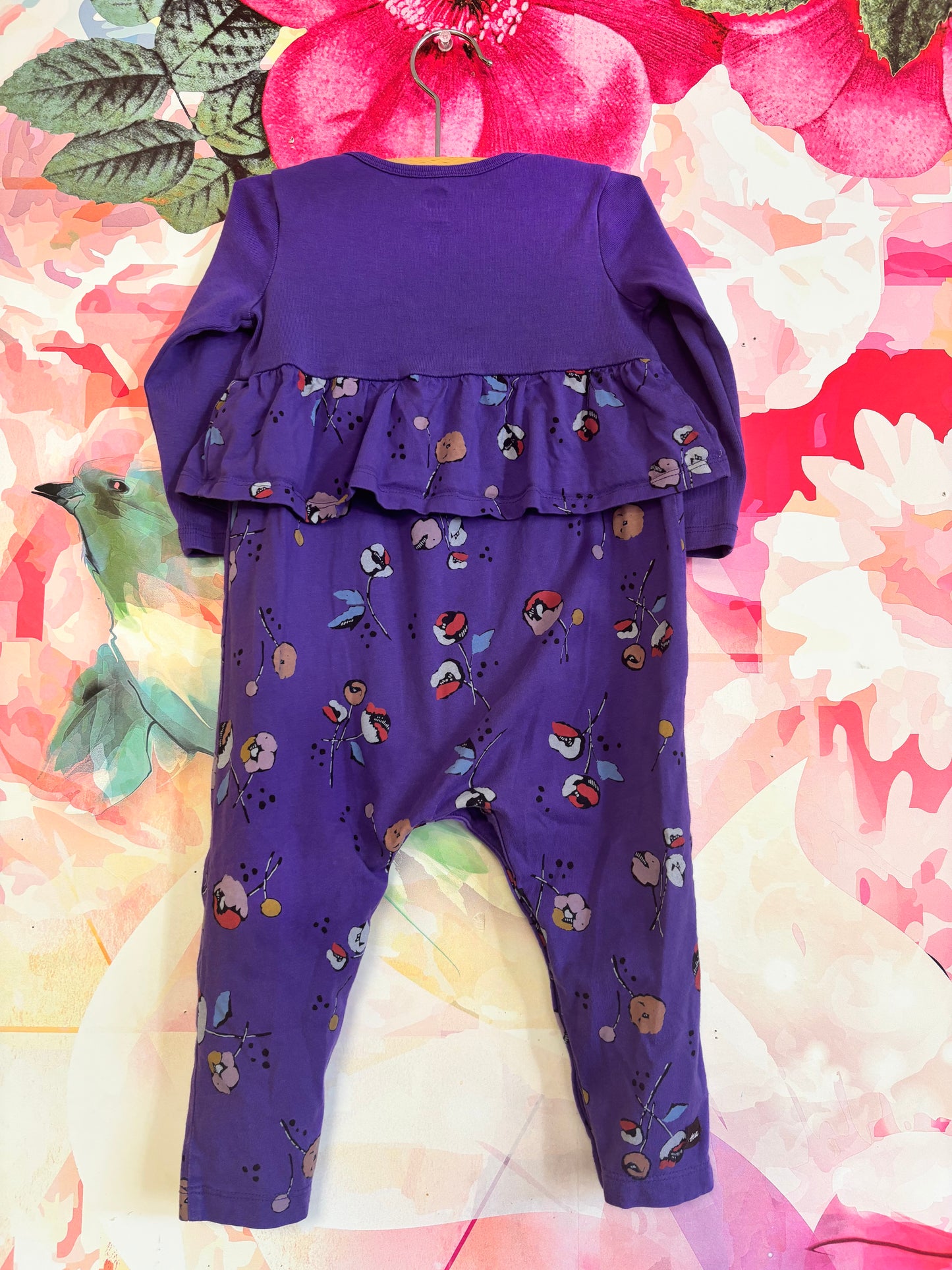 Tea Collection purple long sleeve romper with flower design. Size 12-18m.