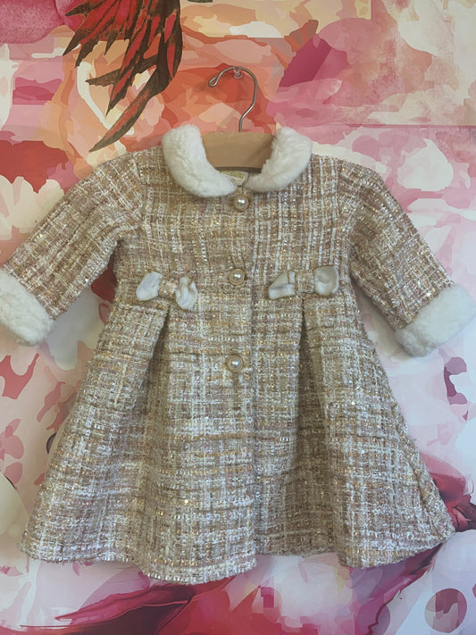 Bluberi Gold, pink, cream jacket with faux fur collar & pearl buttons.Size 12m