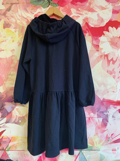 Il Gufo navy blue 100% cotton fleece dress with hood. Size 10.