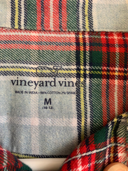 Vineyard Vines red, yellow, green plaid cotton button down shirt. Size 10/12.