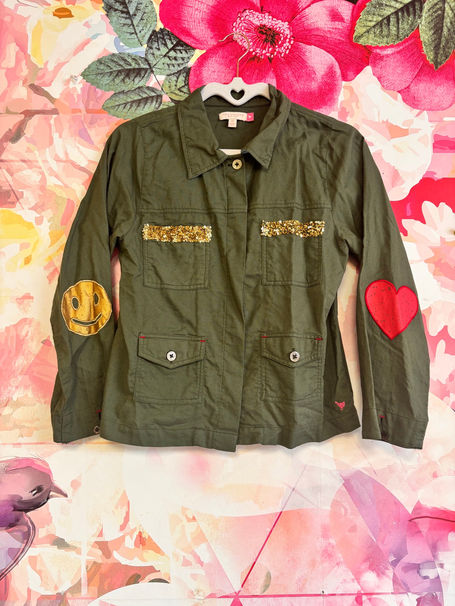 Pink Chicken army green button down and wide leg pants with gold sequins and elbow patches. Size 14