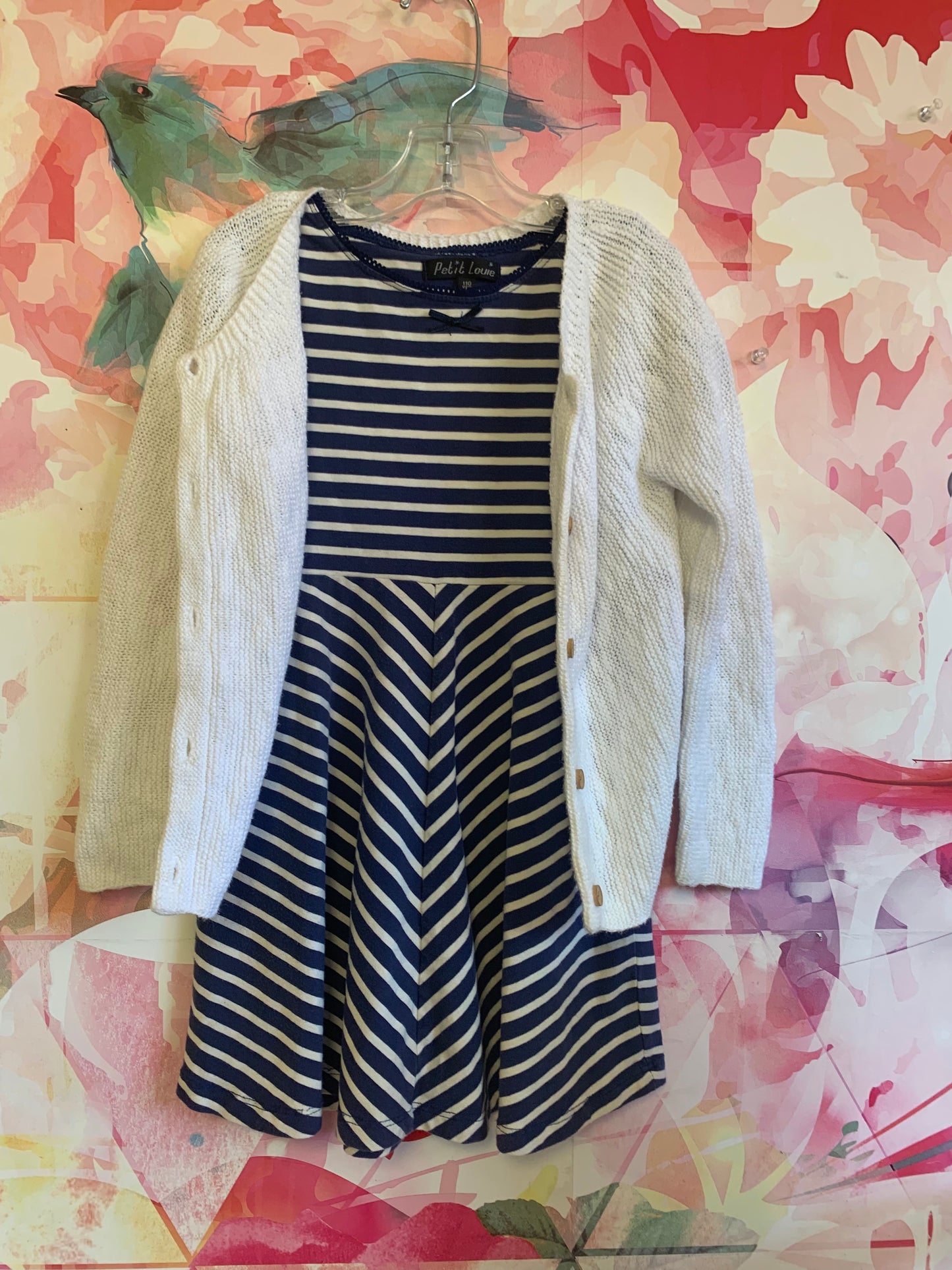 Petit Louie blue and white stripe short sleeve dress. Baby B’gosh white 100% cotton cardigan. Both size 5T