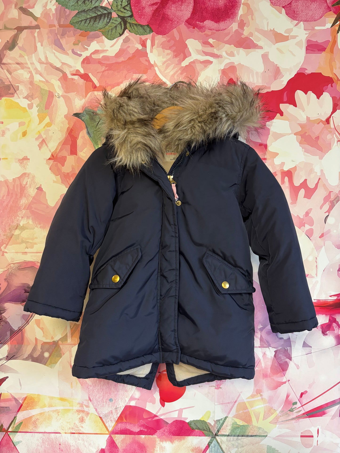 Crewcuts navy blue puffer coat with detachable fur hood. Size 4/5T.