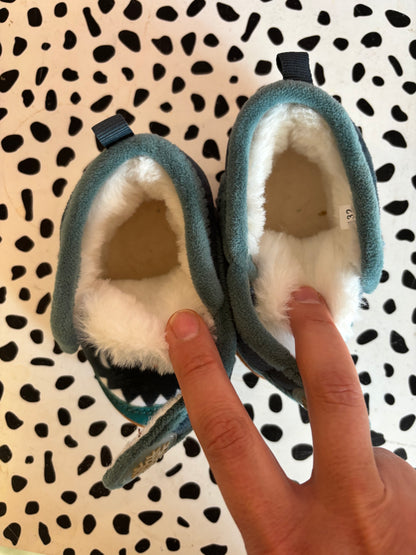 Blue monster face fleece boots with Velcro & faux fur lining. Never worn. Size 5 (shoes)