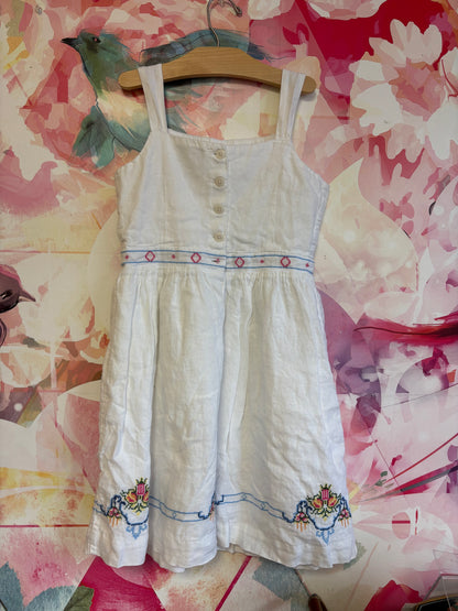 Ralph Lauren Polo Country white linen dress with pink, blue, yellow, green embroidery. Front pockets and buttons on back. Size 12.