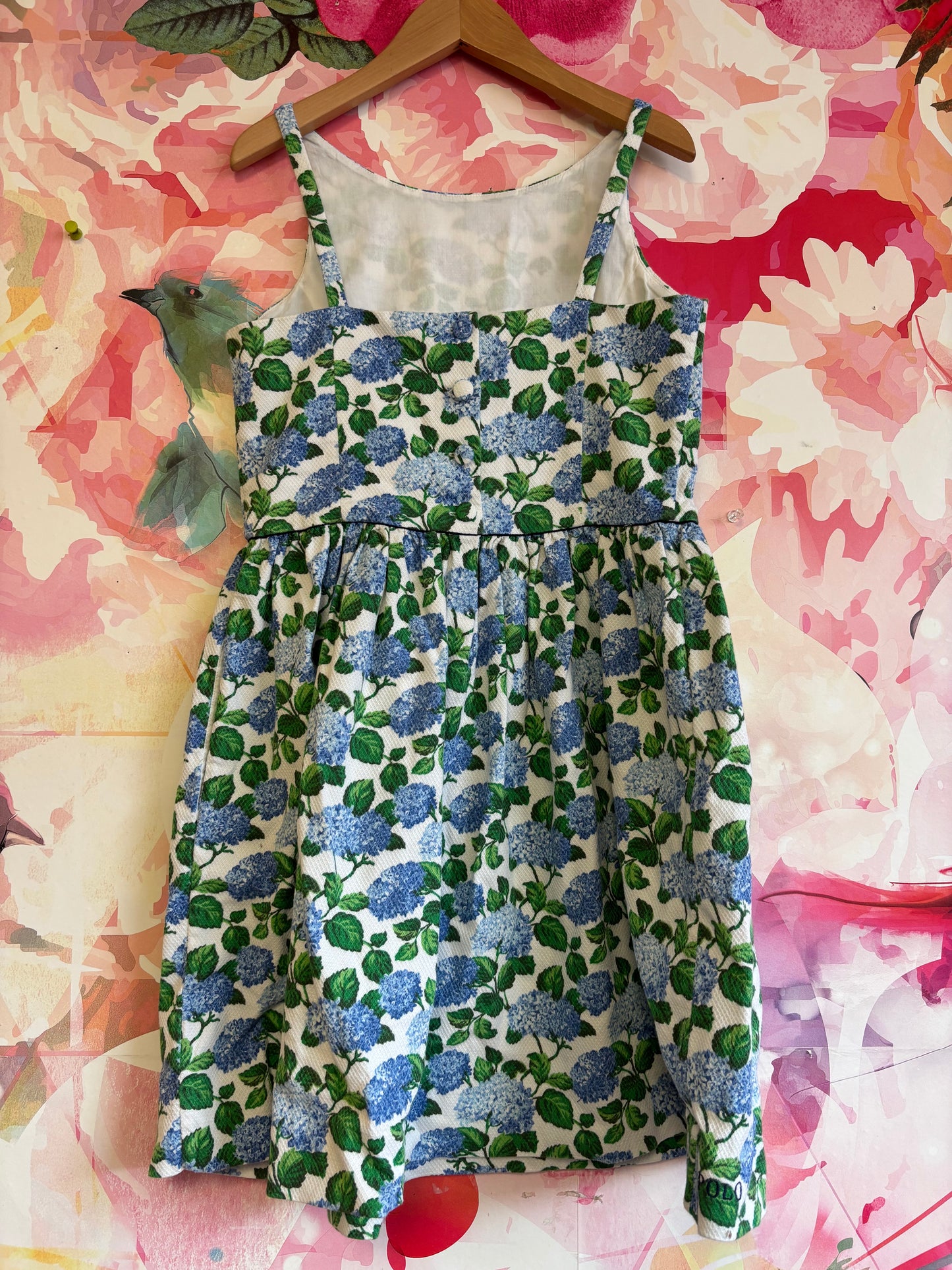 Polo Ralph Lauren spaghetti strap floral stretch Dobby dress with blue hydrangeas & full skirt. Has pockets. Size 12