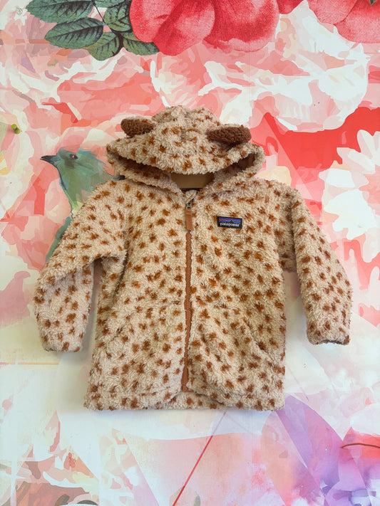 Patagonia fleece jacket with animal print and ears on hood. Size 6-12m