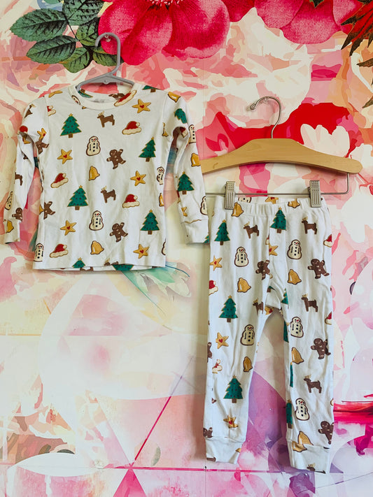 Monica & Andy long sleeve holiday pajama set. Cream, red, green, beige, gold Christmas trees, cookies. Size 2T.