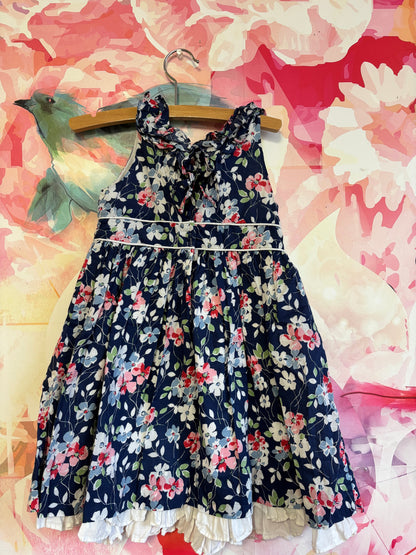 Ralph Lauren blue & colorful floral sleeveless dress with neck ruffle and fully lined. Size 4T