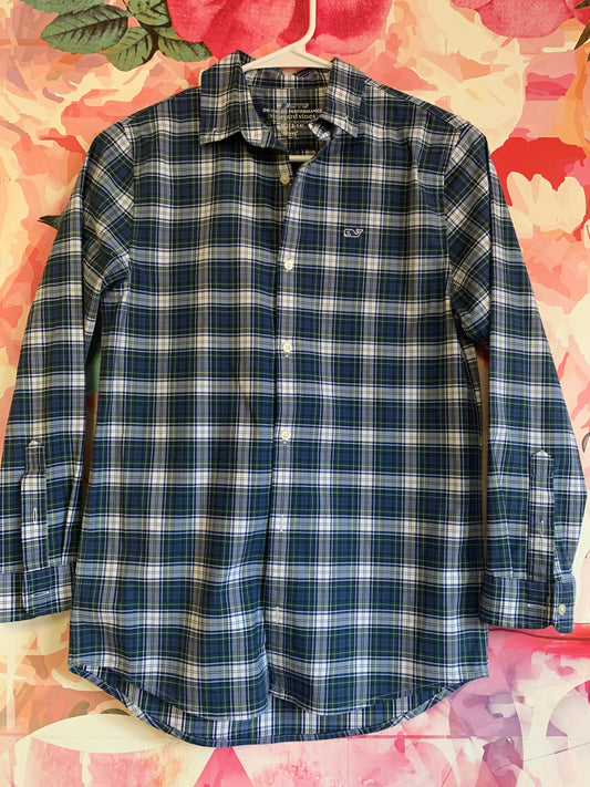 Vineyard Vines blue, white & green plaid button down shirt. On-the-go Performance. Size 12/14