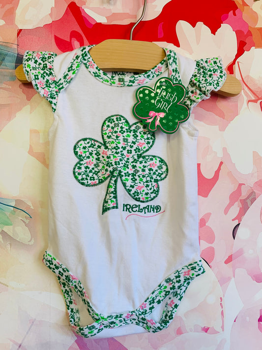 Irish Girl onesie. *NEW WITH TAGS* white and green with flower shamrock detail. Size 0-6m