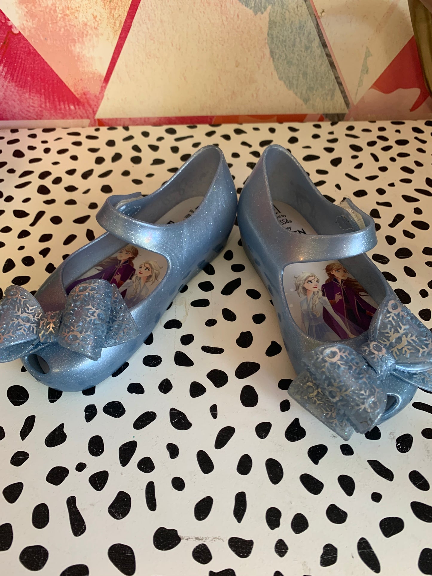 Mini Melissa blue sparkly Frozen shoes with bows & Velcro straps. *slight marker stain on one strap* size 10