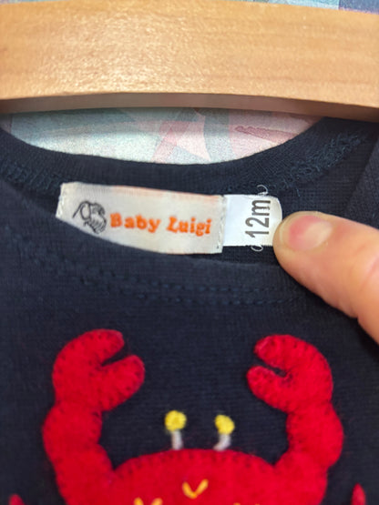 Baby Luigi navy blue dress with blue/white stripes and red crab. Size 12m