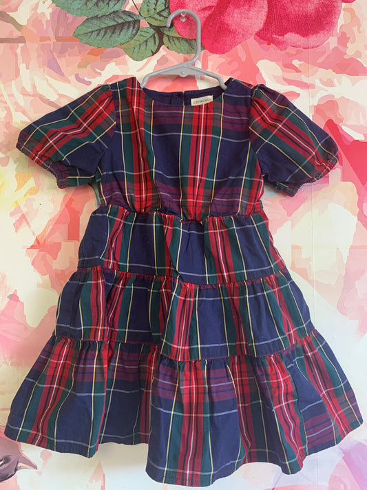 Crewcuts blue, red, green, gold short sleeve plaid dress. Size 2T.