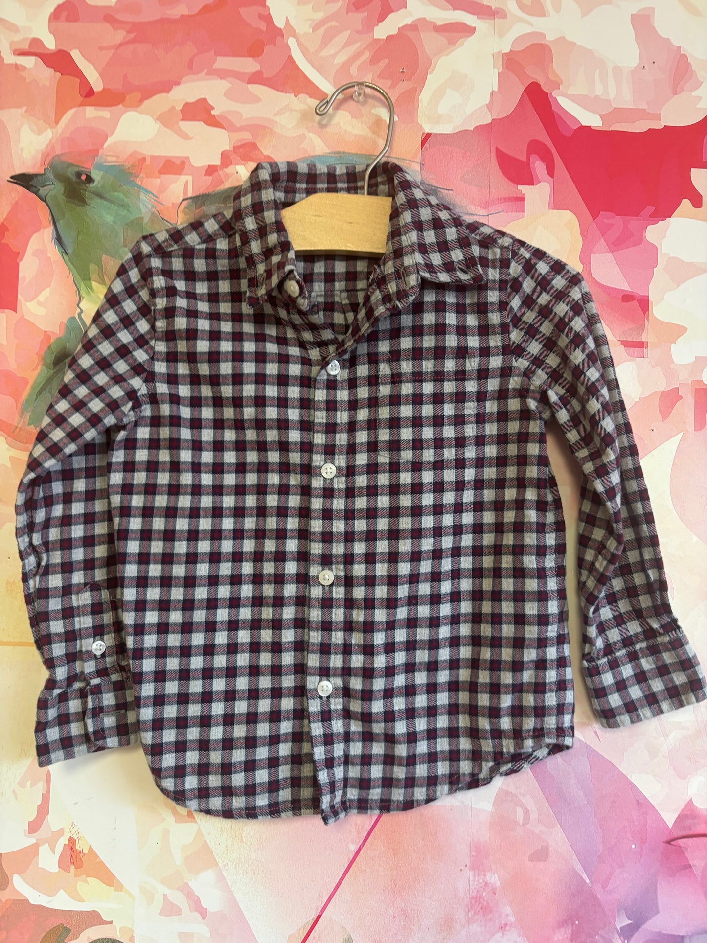 Janie & Jack grey, red, blue checkered button down long sleeve shirt. Size 3T.