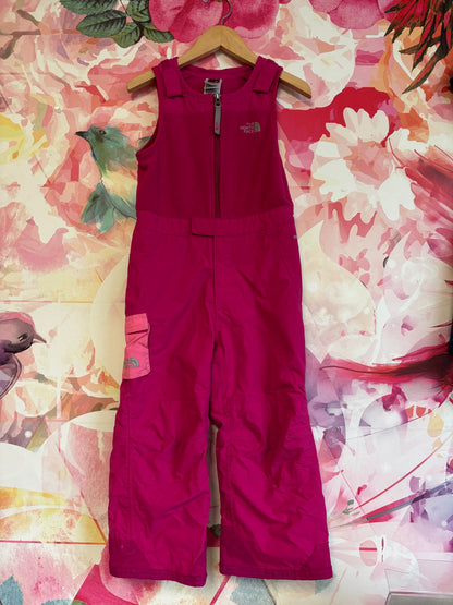 North Face bright pink snow suit with fleece top and adjustable Velcro shoulders. Size 4T.