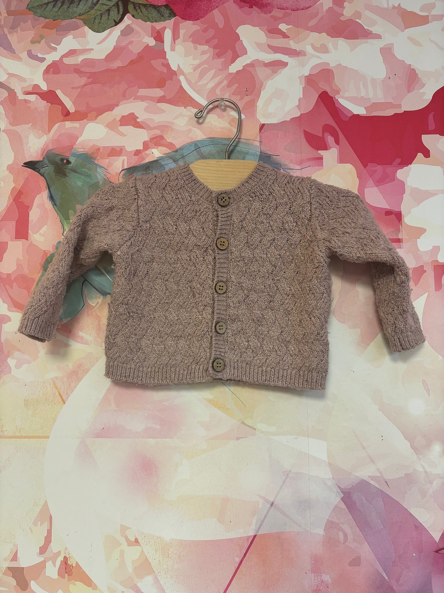 Quincy Mae pink knit cardigan with wooden buttons. Size 3-6m