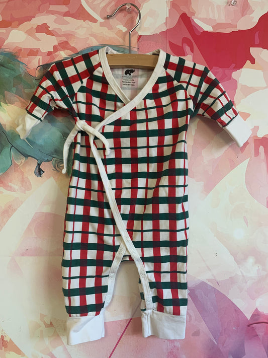 Monica & Andy red & green checkered romper with side tie. Size 0-3m