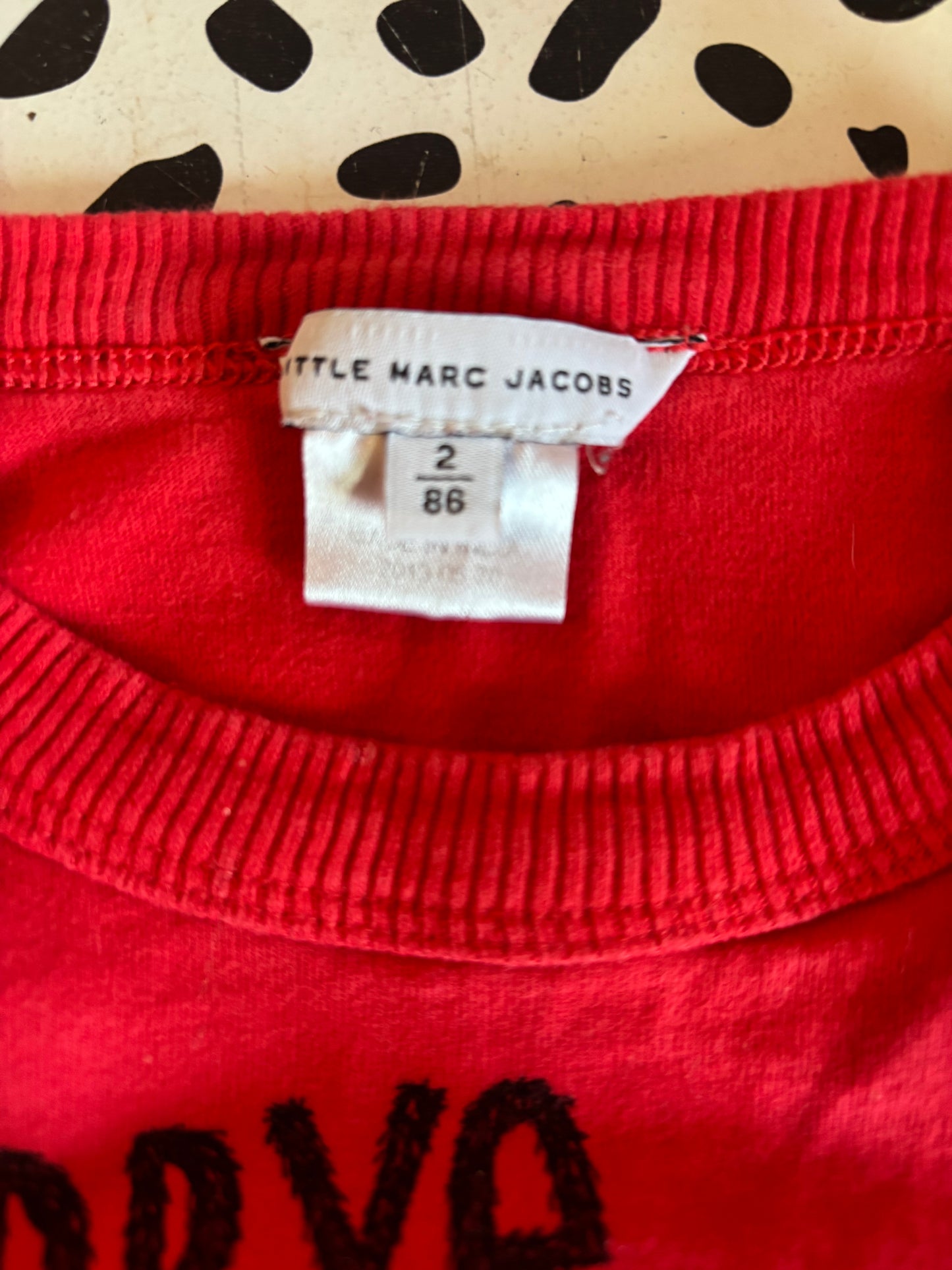 Little Marc Jacobs red long sleeve top. Bear in sweater & hat. Goodbye Summer. Size 2T.