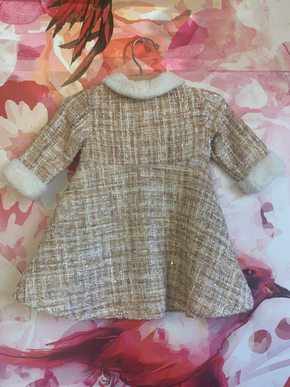 Bluberi Gold, pink, cream jacket with faux fur collar & pearl buttons.Size 12m