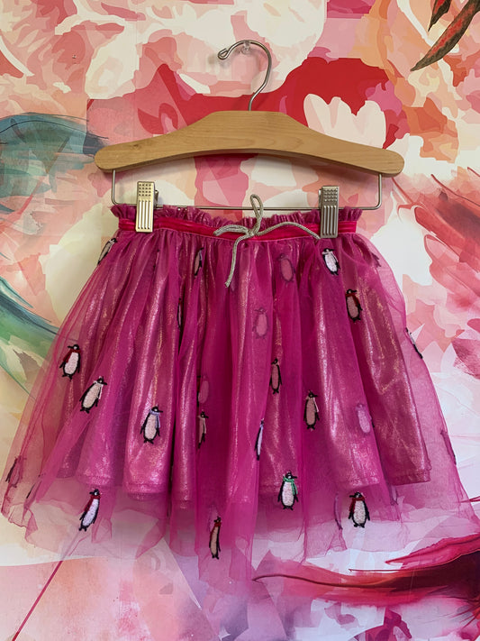 Peek hot pink shimmery tulle skirt with penguins. Size 3T