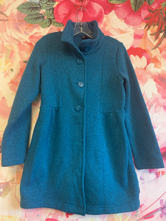 Patagonia blue jacket with button collar, pockets and slight flare on bottom. Size 16/18.