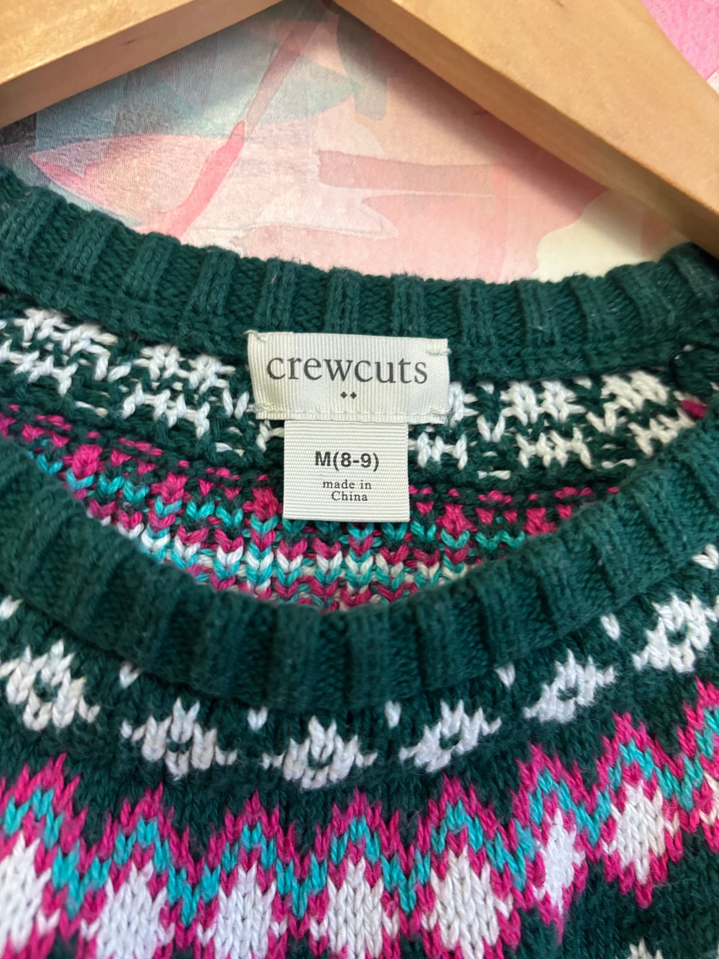 Crewcuts green Fair Isle sweater with pink, teal, white design. Size 8/9.