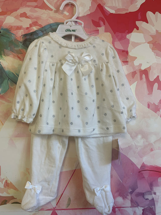 Little Me white velour long sleeve top with silver polka dots & white velour footed pants. *New with Tags* Size 9m