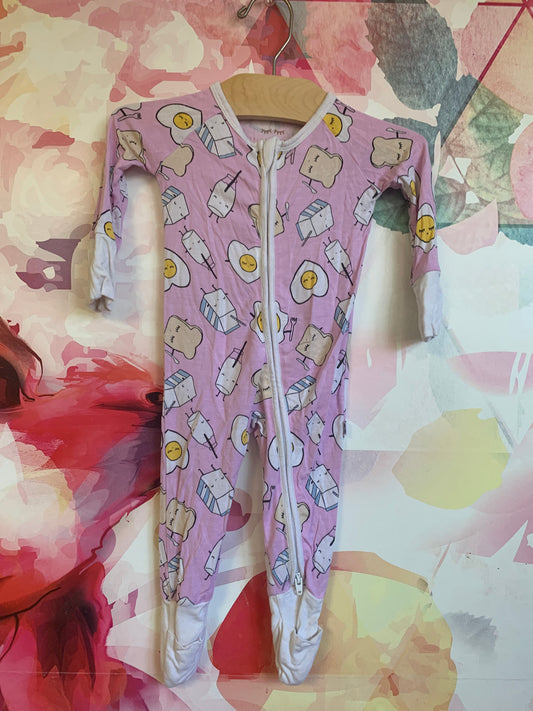 Little Sleepies purple romper with gold-over sleeves & feet. Sleepy breakfast food design. 95% Bamboo. 5% spandex. Size 0-3m