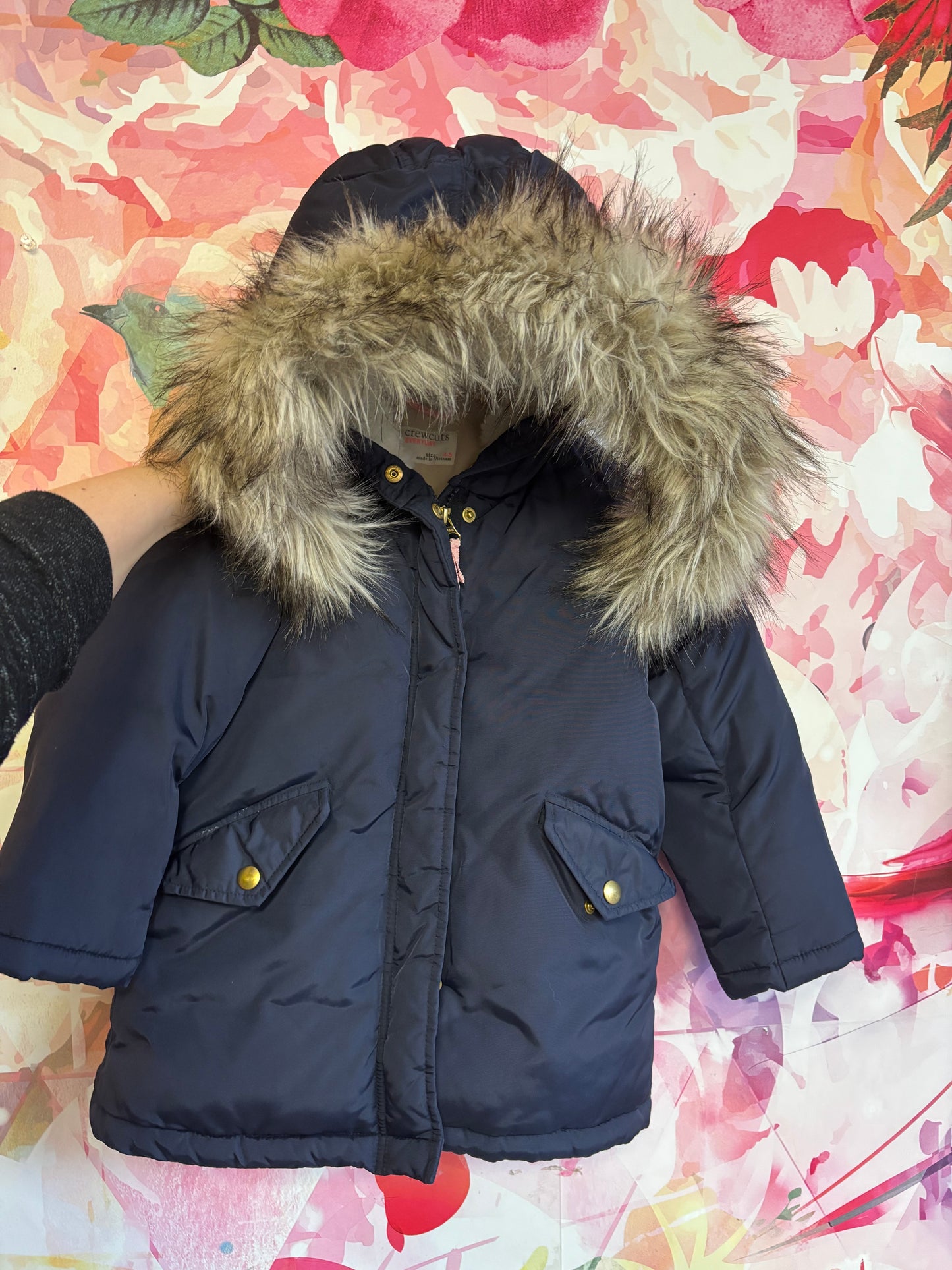 Crewcuts navy blue puffer coat with detachable fur hood. Size 4/5T.