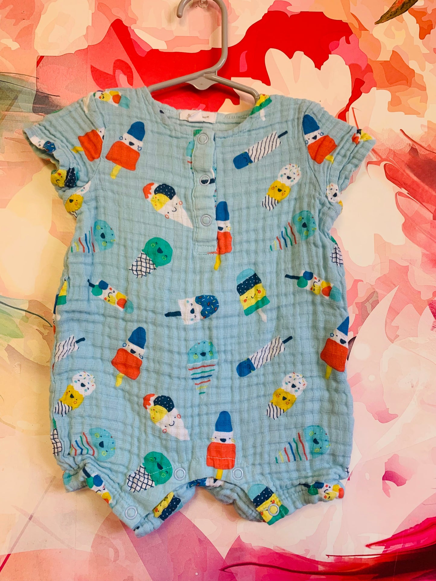 Angel Dear blue short sleeve romper with colorful popsicles & ice cream cones. Size 3-6m